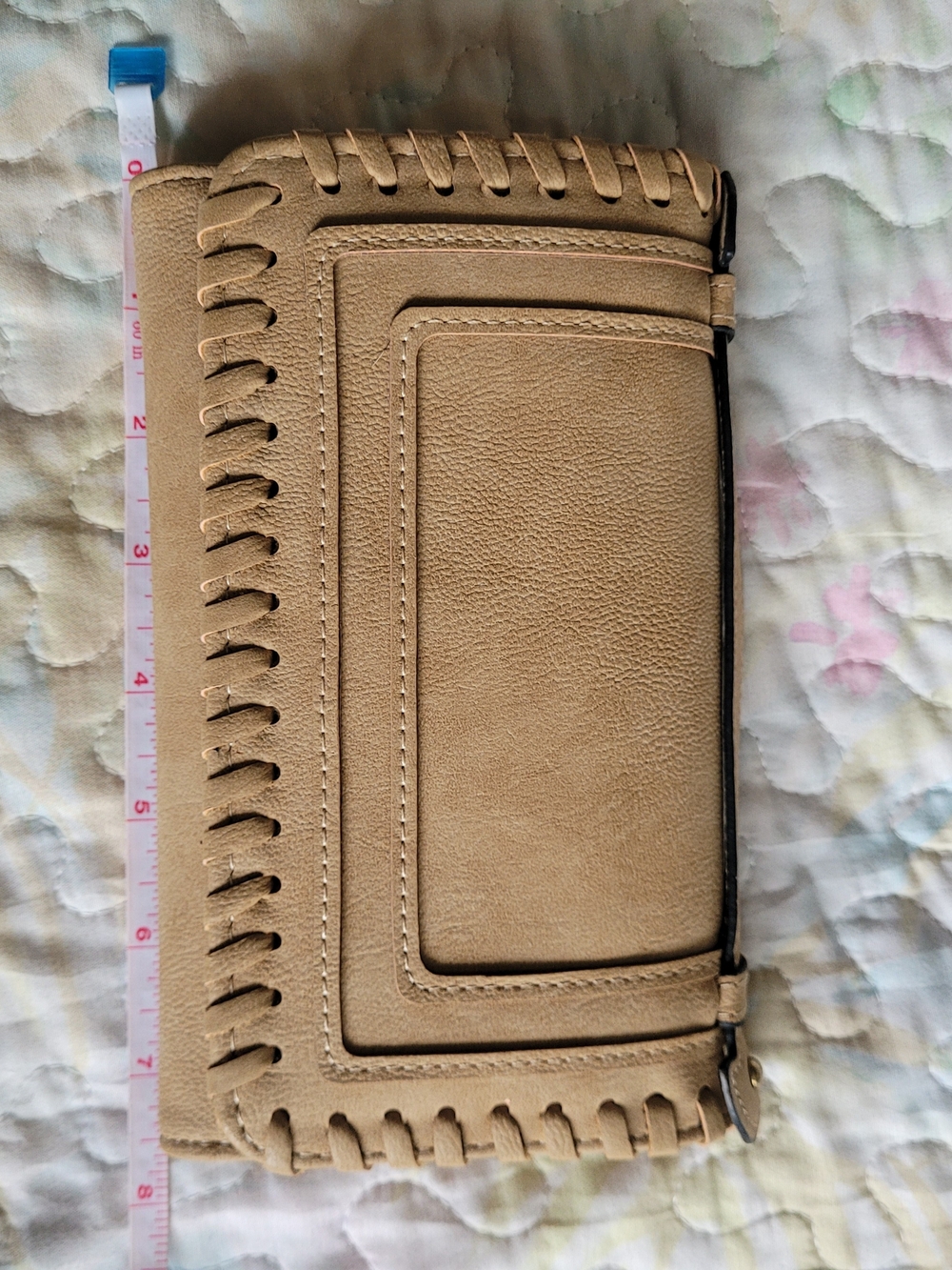 Beige Faux Leather Whipstitch Top Handle Wallet Clutch